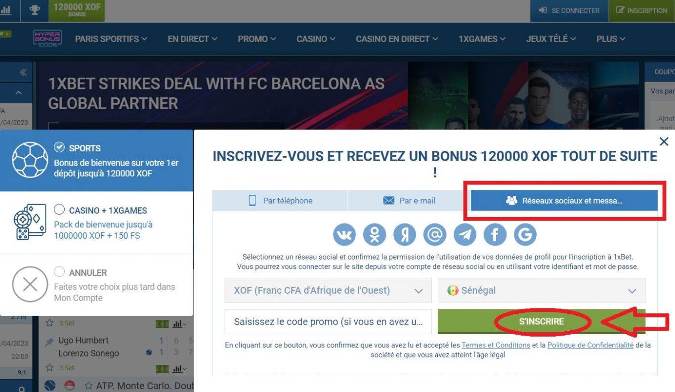 1xBet inscription au Sénégal Via les réseaux sociaux